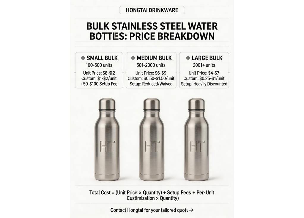 What is the price breakdown for bulk orders of stainless steel water bottles, and how does cost change with volume?