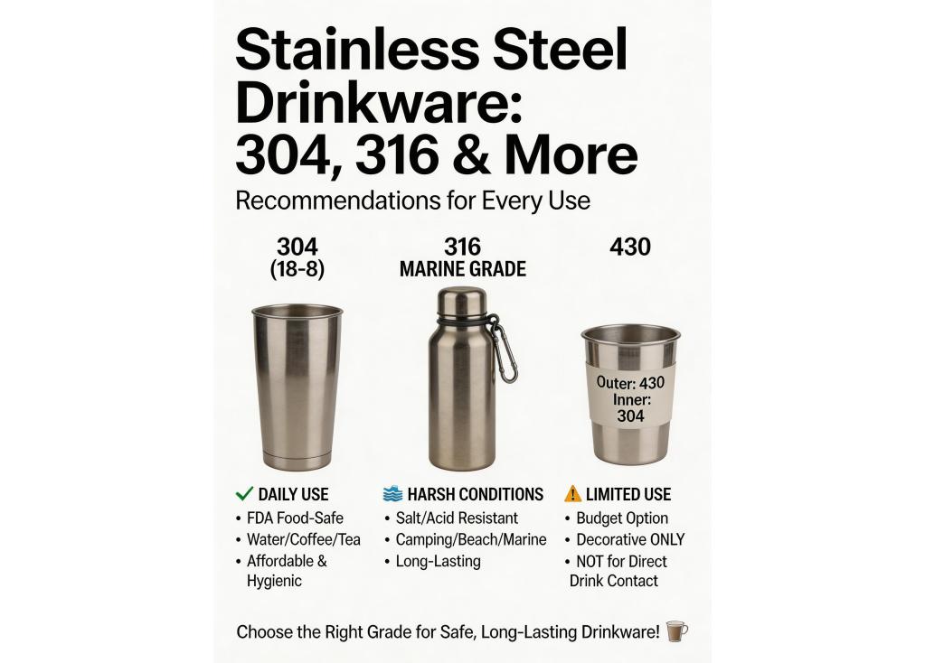 What types of stainless steel (e.g., 304, 316) are recommended for different types of drinkware and why?