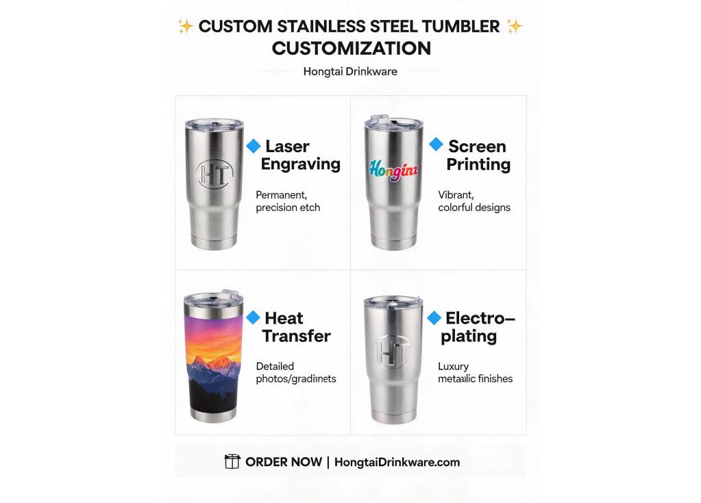 What are the available options for customizing logos and designs on stainless steel tumblers?