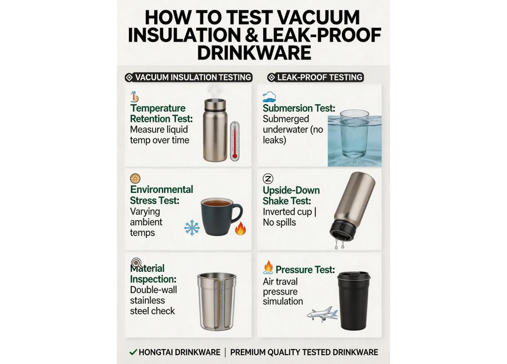 How do you test the vacuum insulation performance and leak-proof capability of your bottles and tumblers?