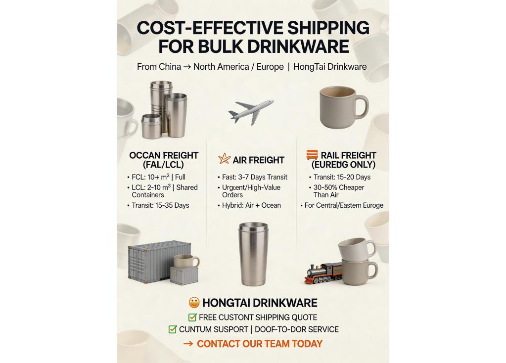 What are the most cost-effective shipping methods for large quantities of drinkware from China to North America/Europe?