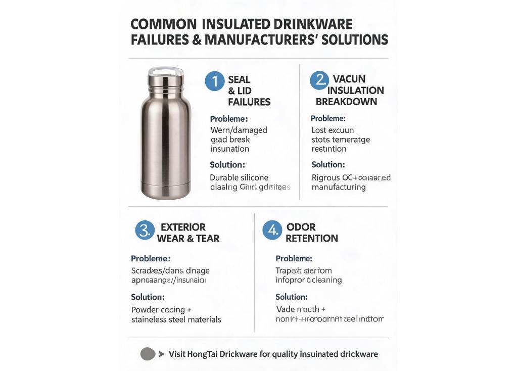 What are the common causes of failure in insulated drinkware, and how do manufacturers address them?