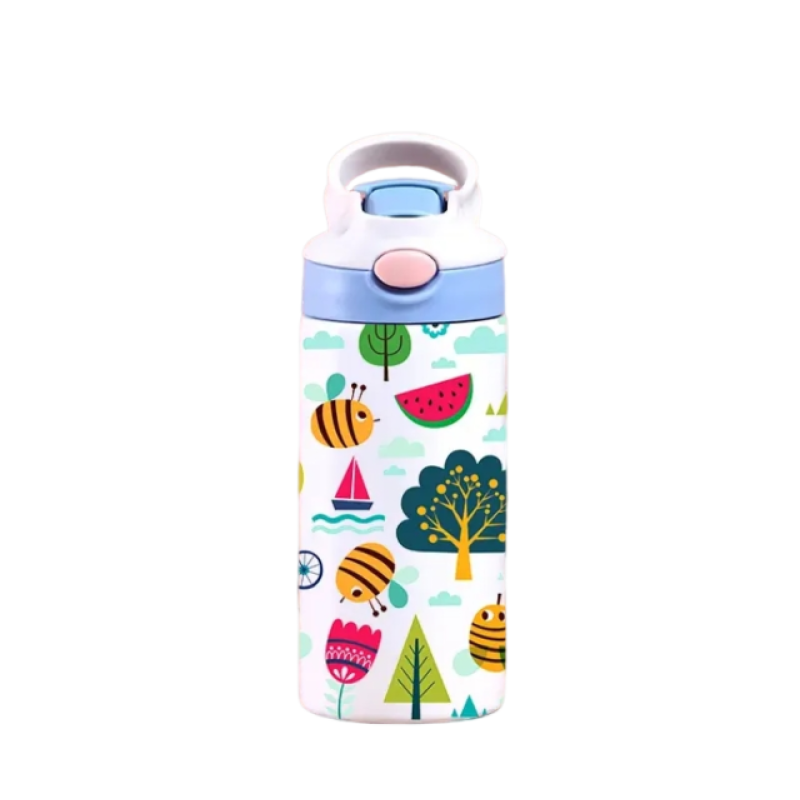 14oz Oem Carton Pattern Insulated Stainless Steel Vacuum Flask Water Bottles With Straw Lid For Kids
