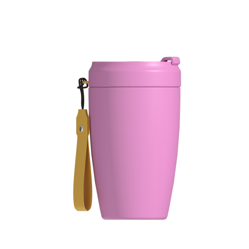 Hongtai Drinkware 400ML Coffee Mug with Button Flip Lid and Nylon Strap Double Wall Vacuum Coffee Cup Gift for Birthday