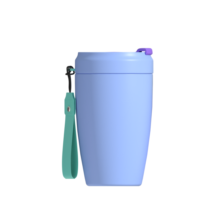 Hongtai Drinkware 400ML Coffee Mug with Button Flip Lid and Nylon Strap Double Wall Vacuum Coffee Cup Gift for Birthday