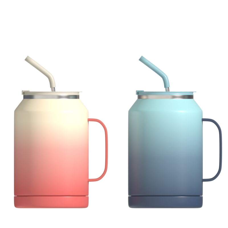 Дорожная чашка большой емкости, трехцветная с градиентом, двухслойная, изолированная из нержавеющей стали, с ручкой и соломинкой.