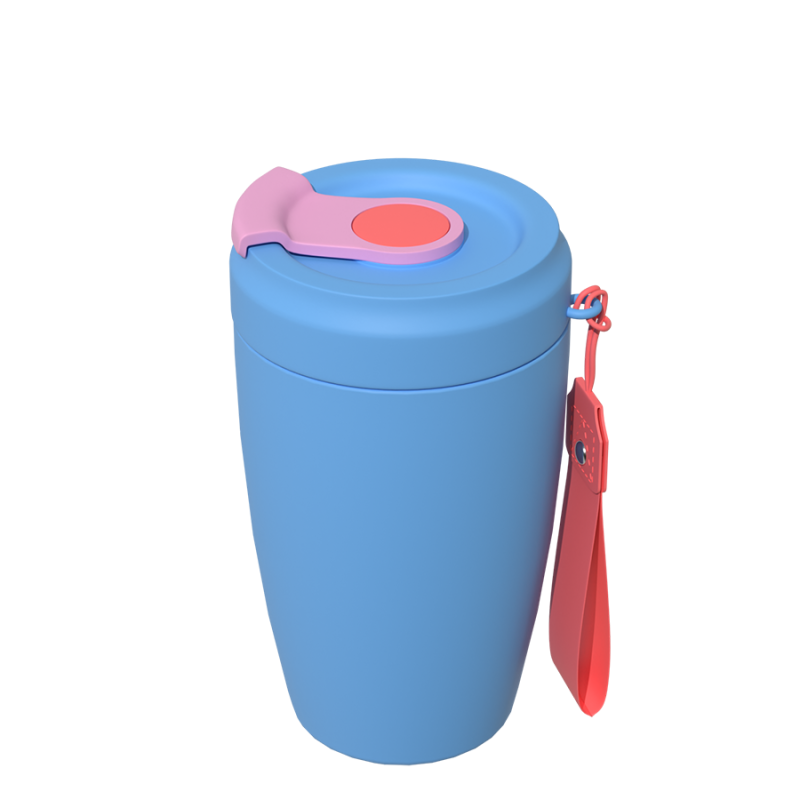 Hongtai Drinkware 400ML Coffee Mug with Button Flip Lid and Nylon Strap Double Wall Vacuum Coffee Cup Gift for Birthday