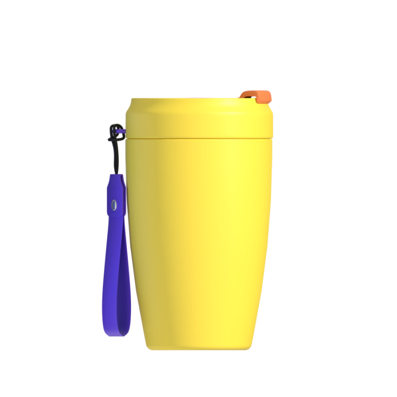 Hongtai Drinkware 400ML Coffee Mug with Button Flip Lid and Nylon Strap Double Wall Vacuum Coffee Cup Gift for Birthday