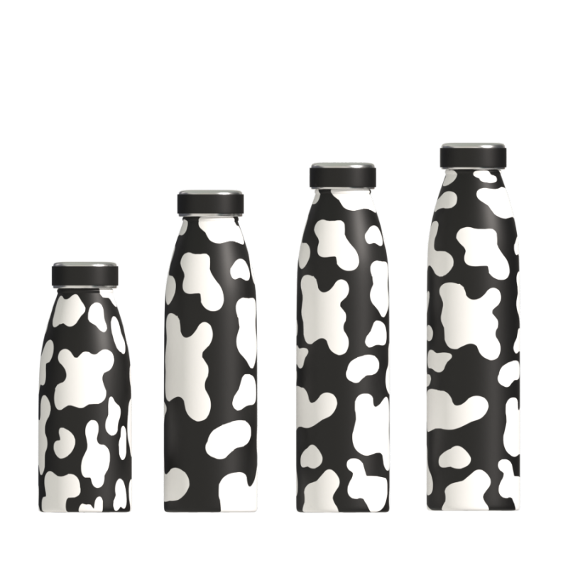 stainless steel vacuum insulated water bottle with a lid and like milk bottle shape