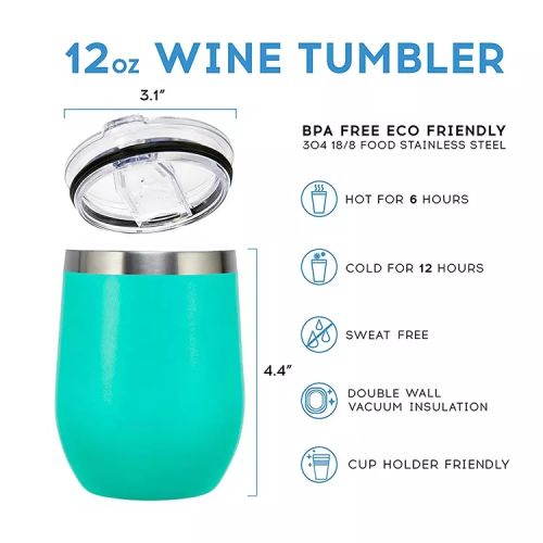Wine Tumbler Coffee Mug 12OZ Customized With Lid And Straw Double Wall Vacuum Insulated For Champagne Cocktail Beer Coffee