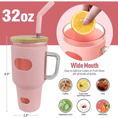 NewTravel 32 0z Silicone Lids Drinking Glass Cup Tumbler Glass Coffee Beer Mug With Handles And Lid