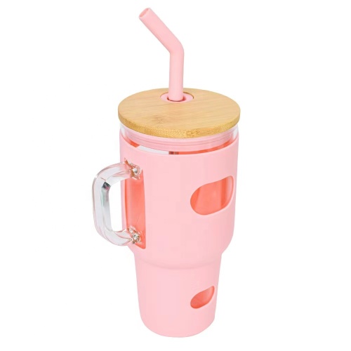 NewTravel 32 0z Silicone Lids Drinking Glass Cup Tumbler Glass Coffee Beer Mug With Handles And Lid