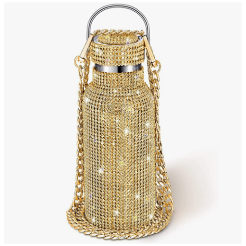 Women Gold Vacuum Bling Rhinestone Stainless Steel Thermal Refillable Insulated Water Bottle