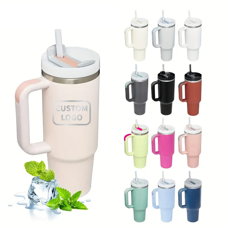 Custom Logo Double Walled Insulated Vacuum  Stainless Steel 40Oz Tumbler With Straw Handle and Lid
