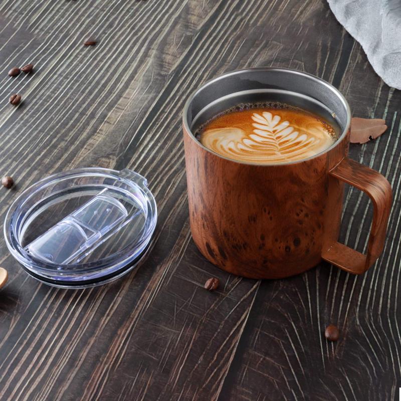 Custom 12oz 14oz Wood Grain Pattern Stainless Steel Coffee Tumblers with Handle Double Wall Coffee Mugs