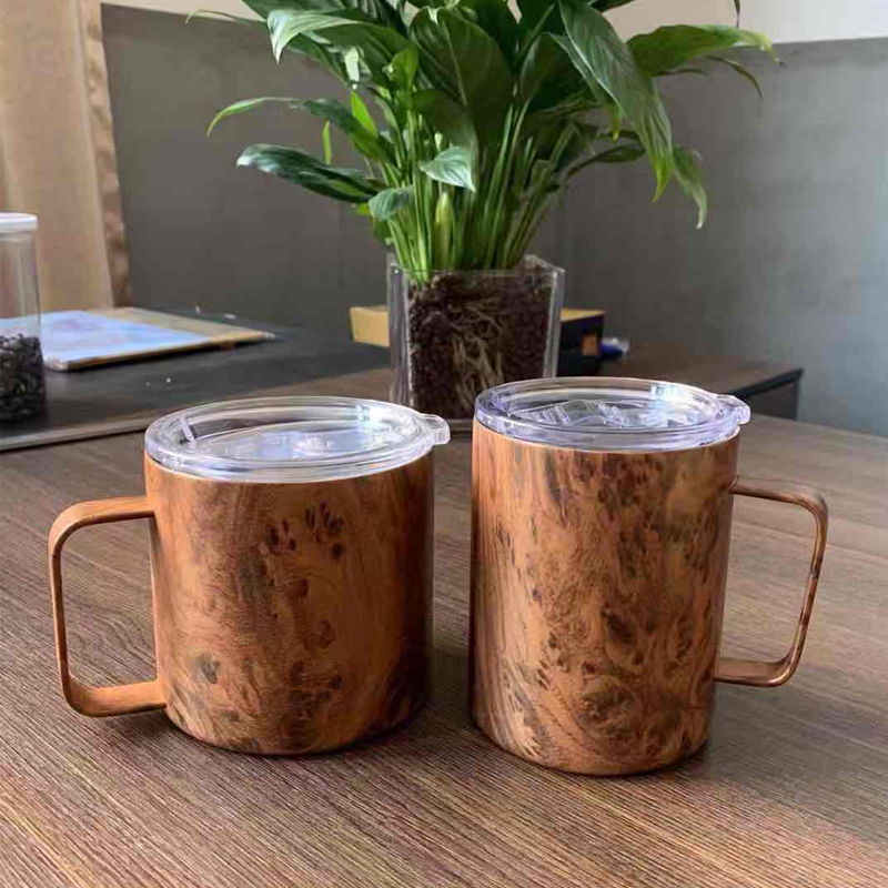 Custom 12oz 14oz Wood Grain Pattern Stainless Steel Coffee Tumblers with Handle Double Wall Coffee Mugs