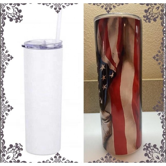 Wholesale Custom Vacuum Insulated Stainless Steel 20 oz Slim Blank Matt White Sublimation Wine Tumbler With Plastic Straw