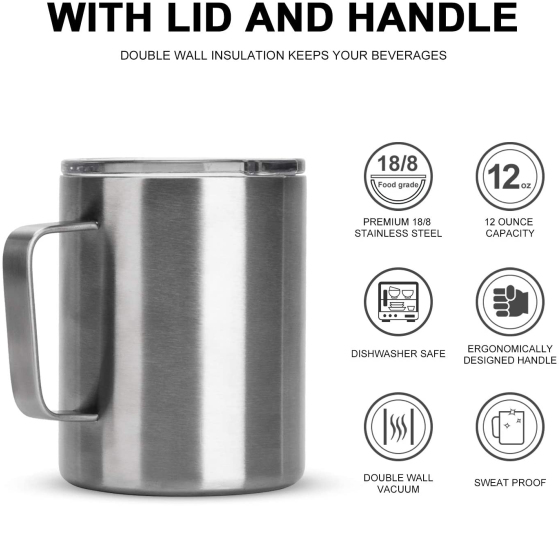 Double Walled 12oz Travel Tumbler Cup Insulated Coffee Mug with Handle and Bpa Free Lid
