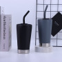 Custom  520ml Keep Cold Vacuum Stainless Steel Glass Travel Coffee Mug Tumbler Cups With Straw and Lid