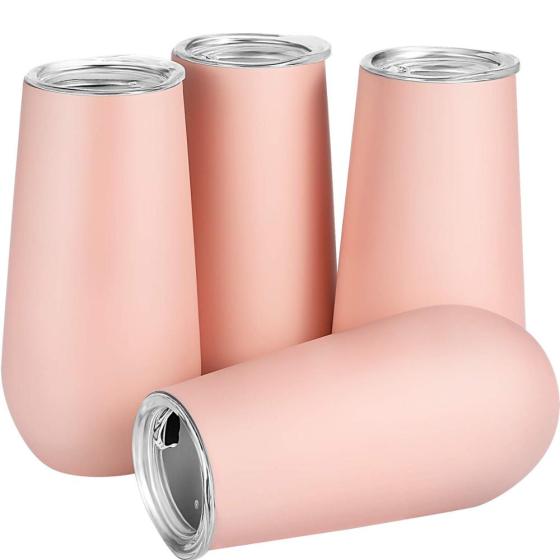 Custom 6oz Double Wall Champagne Flutes Stainless Metallic Rose Gold with Lid