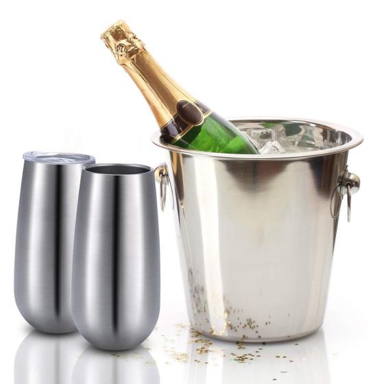 Custom 6oz Double Wall Champagne Flutes Stainless Metallic Rose Gold with Lid