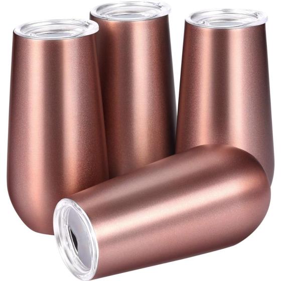 Custom 6oz Double Wall Champagne Flutes Stainless Metallic Rose Gold with Lid