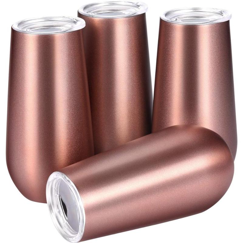Custom 6oz Double Wall Champagne Flutes Stainless Metallic Rose Gold with Lid