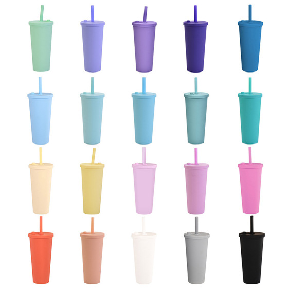 Hot Selling 24Oz Bpa Free Kids Man Woman Colored Double Wall Outdoor Drinking Plastic Water Bottles Cups With Wide Straw