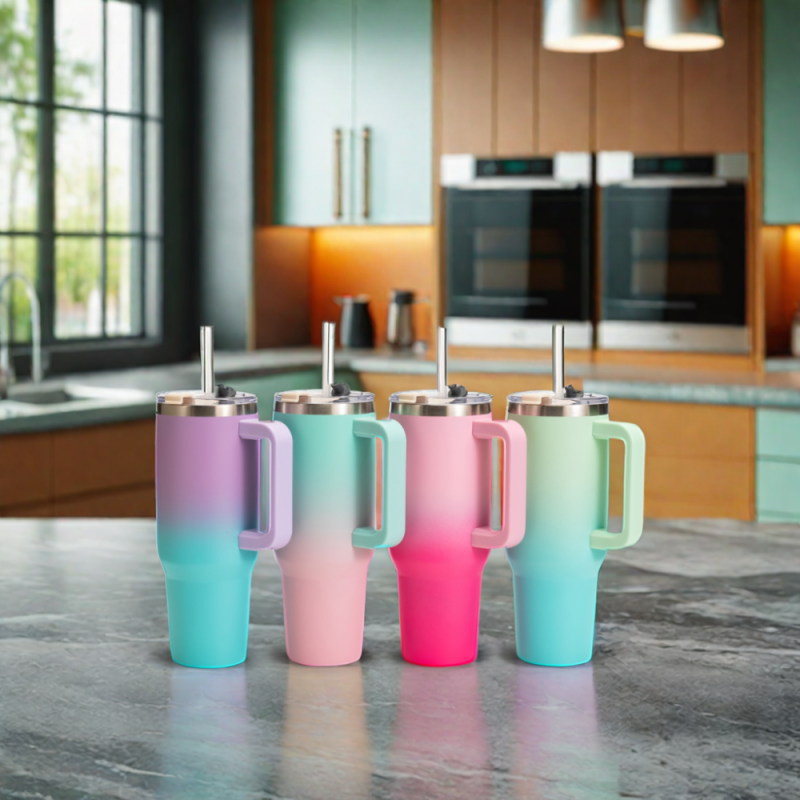 Powder Coating Double Wall Colourful Gradient 40Oz Cup Tumbler With Handle Gradient