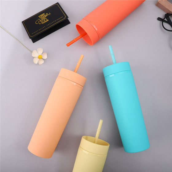Personalized Private Label  Matte Black Plain Plastic 16 oz Acrylic Skinny Tumbler for Kids With Lid