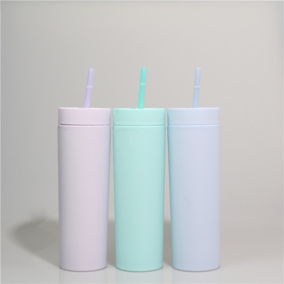 Personalized Private Label  Matte Black Plain Plastic 16 oz Acrylic Skinny Tumbler for Kids With Lid