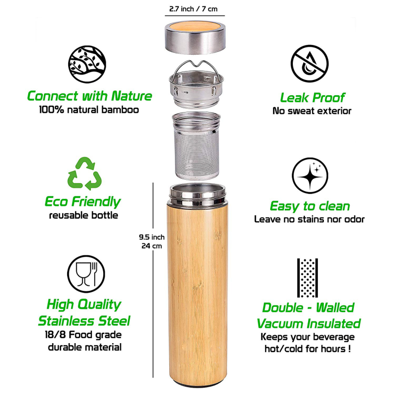 Custom Bamboo Tea Tumbler With Infuser Vacuum Insulated Bottle