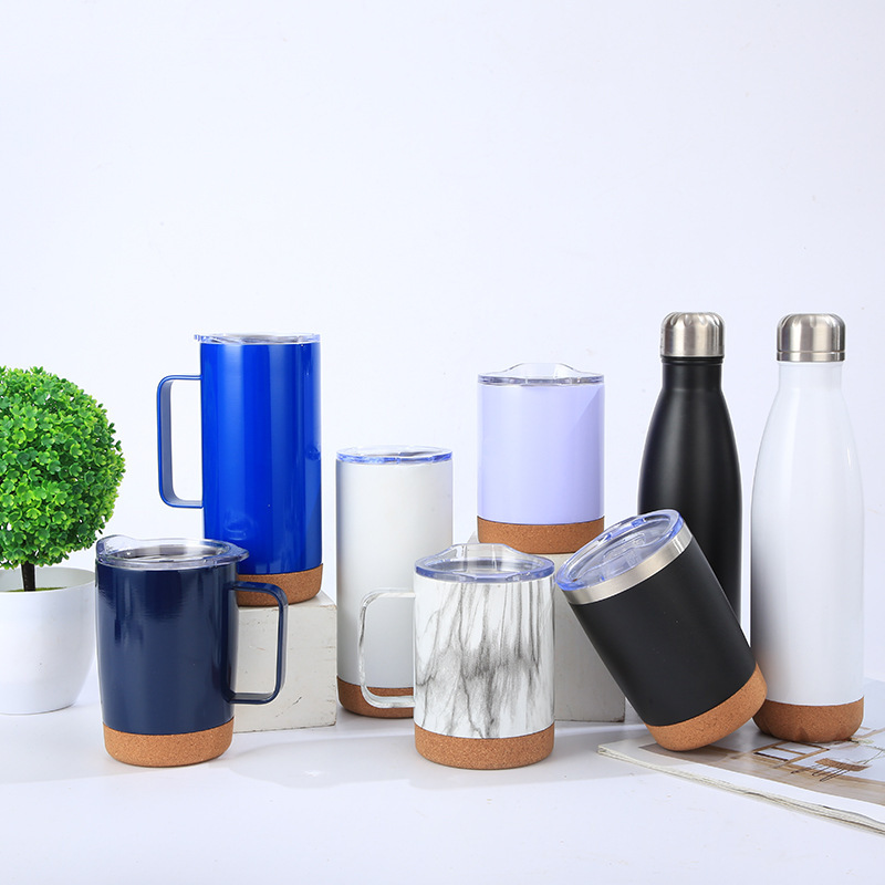 Factory Custom 12oz 14oz Powder Coated Cork Bottom Double Wall Stainless Vacuum Insulated Travel Mug