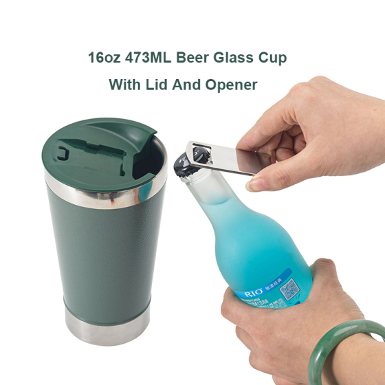 Logo Red Reusable Vaccum Glass 16Oz Thermal Beer Cup copo Termico With Lid and Opener