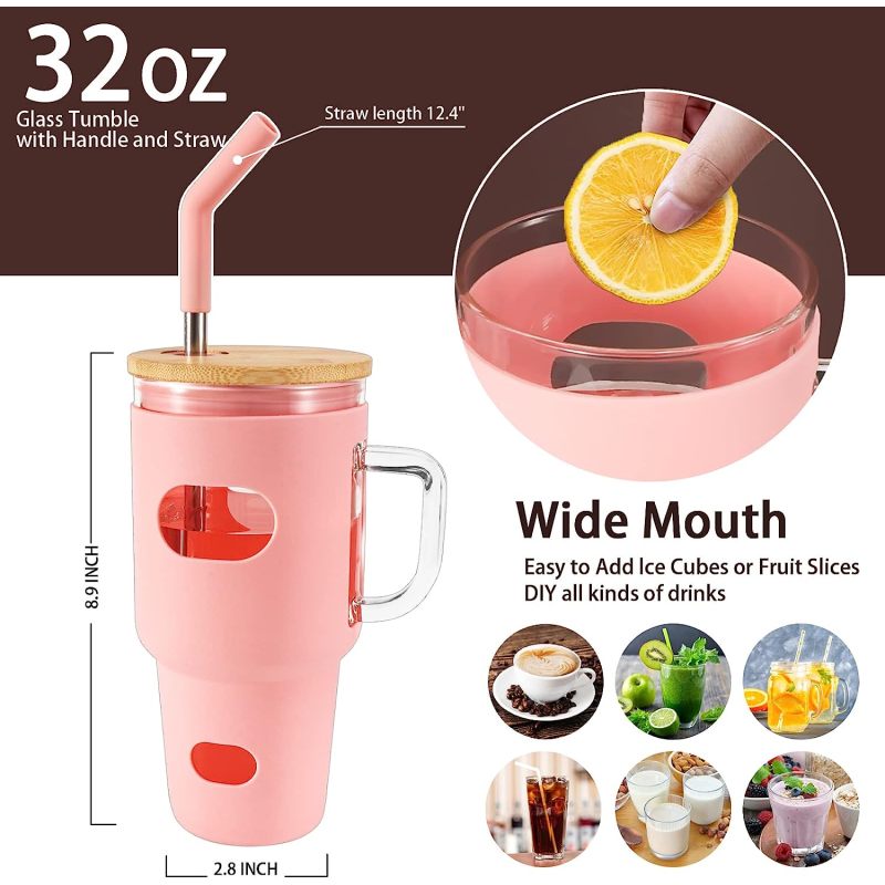 2023 Wholesale Heat Resistant Creative Cute Transparent Adventure  32Oz Glass Cup Tumbler Mug With Bamboo Dome Lid
