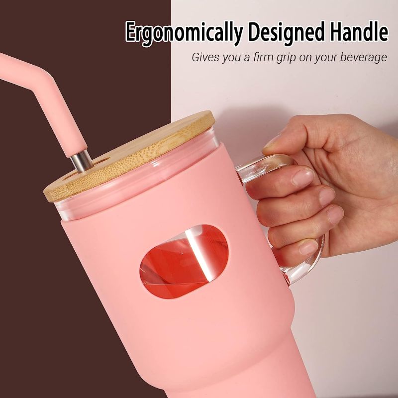 2023 Wholesale Heat Resistant Creative Cute Transparent Adventure  32Oz Glass Cup Tumbler Mug With Bamboo Dome Lid