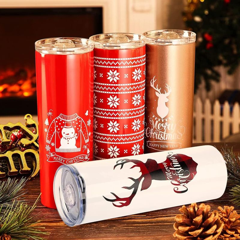 20oz Skinny White Straight Sublimation Blanks Stainless Steel Tumblers With Metal Straws