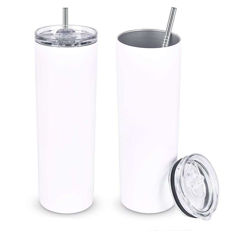 20oz Skinny White Straight Sublimation Blanks Stainless Steel Tumblers With Metal Straws