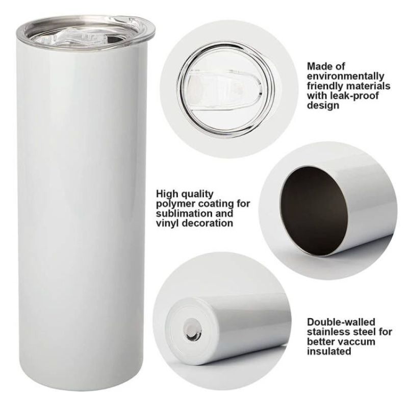 20oz Skinny White Straight Sublimation Blanks Stainless Steel Tumblers With Metal Straws