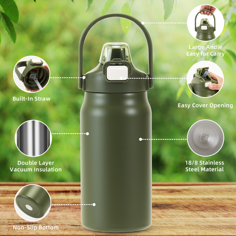 Custom 800Ml 1000Ml 1200Ml 1500Ml 2500Ml Portable Leak Proof  Stainless Steel Flask Sport Water Bottle Kettle With Handle Lid