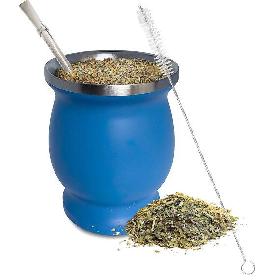Southamerica Brazilian Natural 8Oz Double Wall Insulated Stainless Steel Gourd Yerba Mate Tea Cup Mug Tumbler Set
