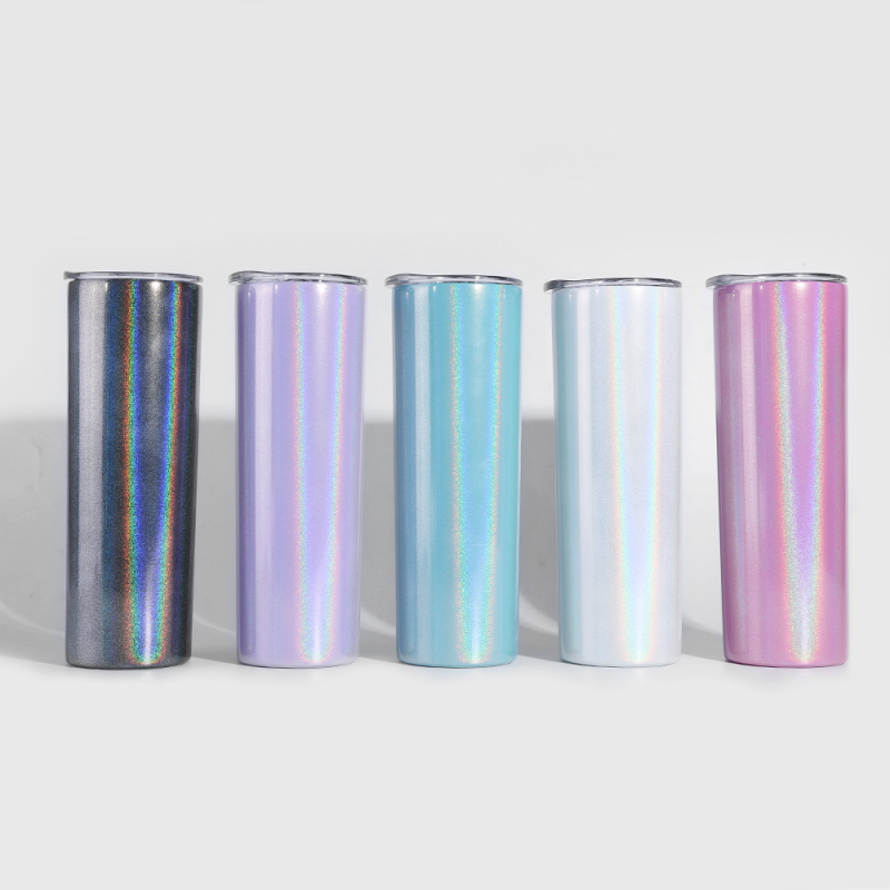 Double Wall Stainless Steel Vacuum Insulation 20OZ Straight Sparkly Holographic Tumblers With Lid and Straw