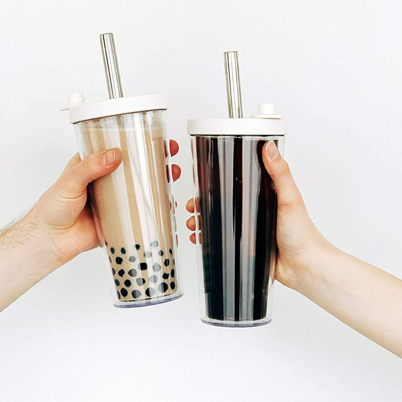 Custom Reusable Transparent Thick Drink Double Plastic Clear Cup With Lid for Milktea