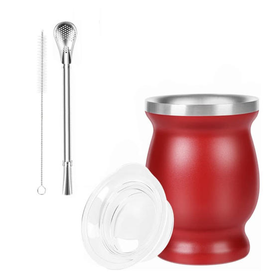 Custom Steel Grey Gourd Yerba Mate Cup with Lid With Mate Bombilla Straw Set