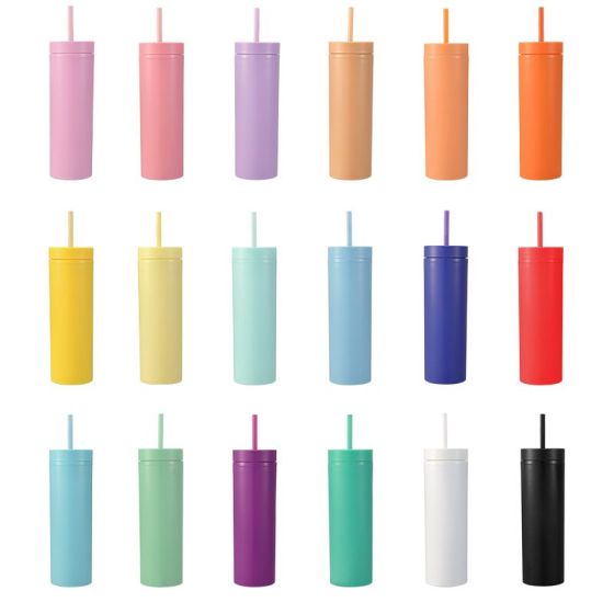 Wholesale 16 Oz Black Dual Double Walled Matte Glitter Plastic Acrylic Skinny Tumblers Cups With Lids and Reusable Straws