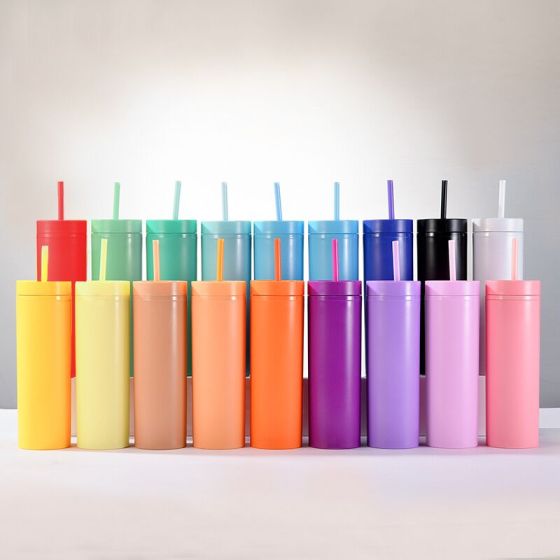Wholesale 16 Oz Black Dual Double Walled Matte Glitter Plastic Acrylic Skinny Tumblers Cups With Lids and Reusable Straws