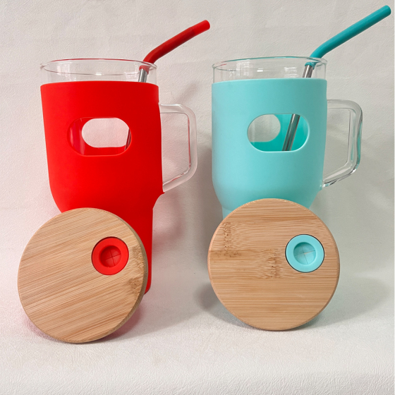 Wholesale Bpa Free 32Oz Double Wall Drinking  Juice Coffee Beer Clear Glass Suction  Cup Tumbler Mug for Glass With Bamboo Lid