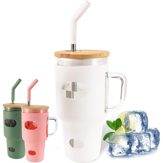 Wholesale Bpa Free 32Oz Double Wall Drinking  Juice Coffee Beer Clear Glass Suction  Cup Tumbler Mug for Glass With Bamboo Lid