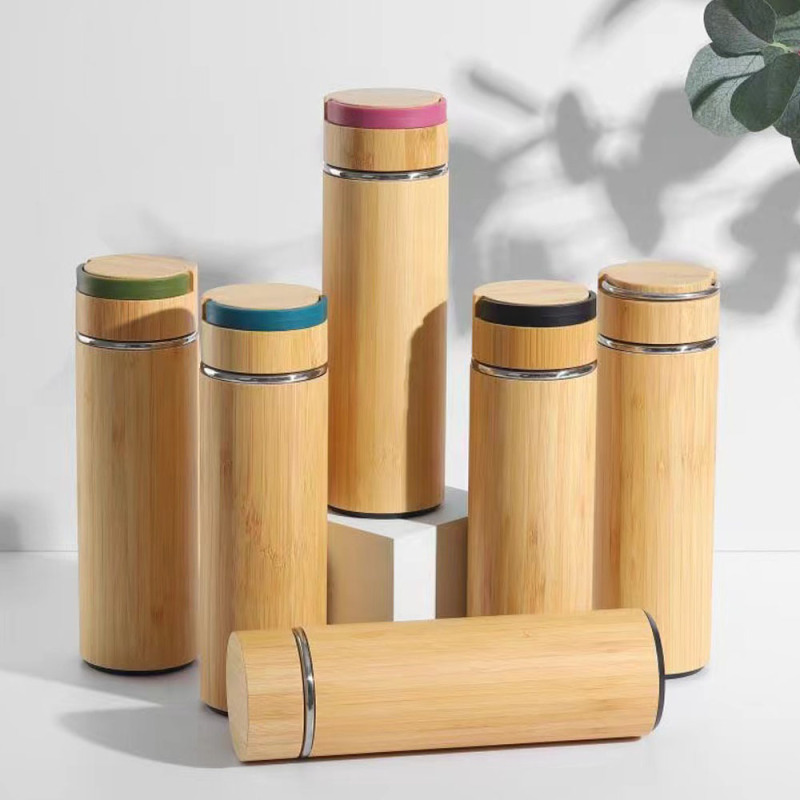 Hot Selling Vacuum Insulated Stainless Steel Travel Tea Infuser 450Ml Bamboo Fiber Water Bottle With Cup for Loose Leaf Tea/Coff