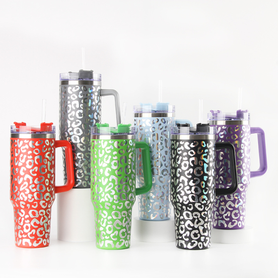 Yunxin Travel Glitter Bling Pink Leopard Print Glass 40Oz Stainless Steel Mug Tumbler With Handle Leopard